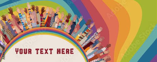 Multicultural volunteer people with hands raised. Support and assistance. NGO. Aid. Solidarity charity and donation. Give and help.Non-profit.People diversity. Poster banner template.Equal
