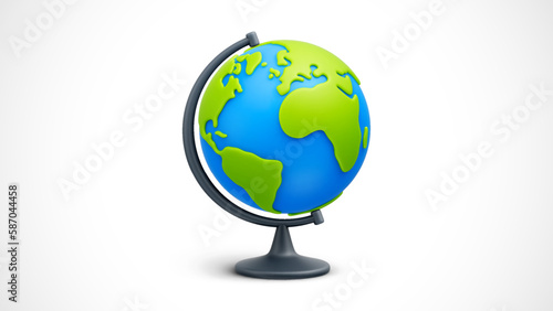 Cartoon world globe with stand on white background. Globe of planet Earth for concept of kids learning or world traveling. Vector illustration