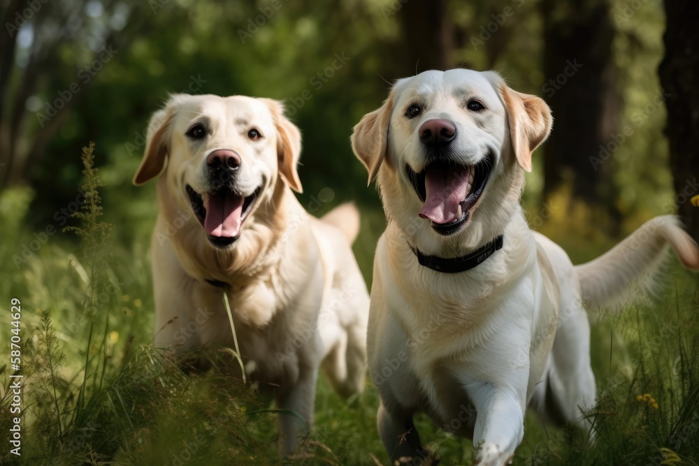 youthful, contented retrievers playing outside in a park. Generative AI