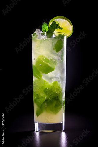 Refreshing alcoholic summer cocktail mojito with ice, fresh mint and lime, generative AI.