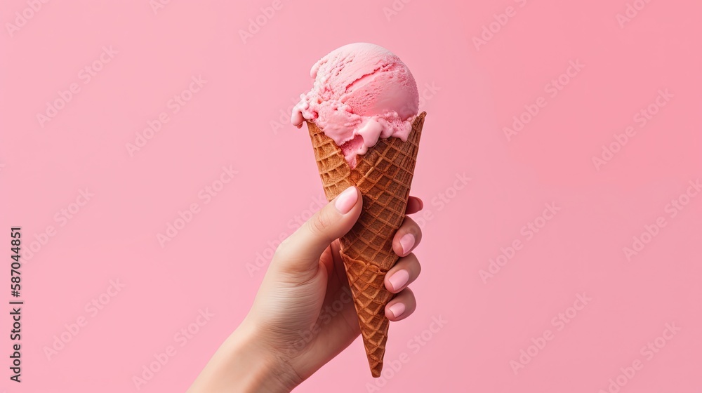 Hand holding strawberry ice cream cone on pink background. Generative AI. Hand holding strawberry ice cream cone on pink background. Generative AI.