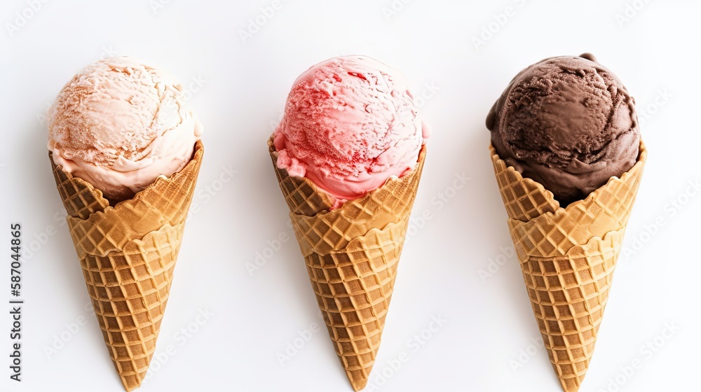 Chocolate, vanilla and strawberry Ice Cream on white background. Generative AI. Chocolate, vanilla and strawberry Ice Cream on white background. Generative AI.