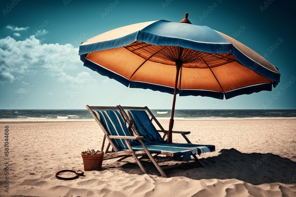 Beach chair and umbrella on idyllic tropical sand beach. Generative Ai