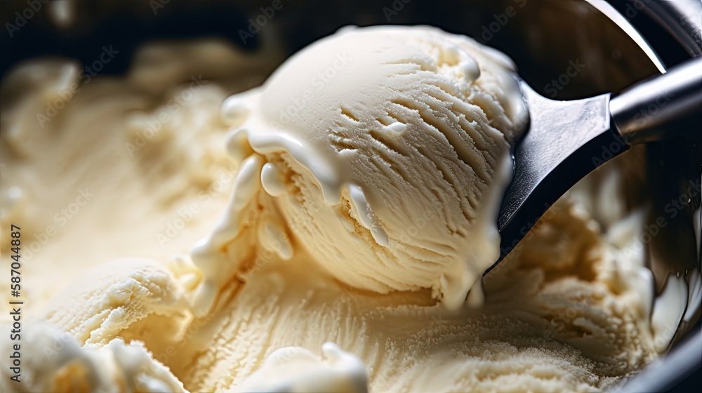 Vanilla ice cream scooped out of the container. Generative AI. Vanilla ice cream scooped out of the container. Generative AI.