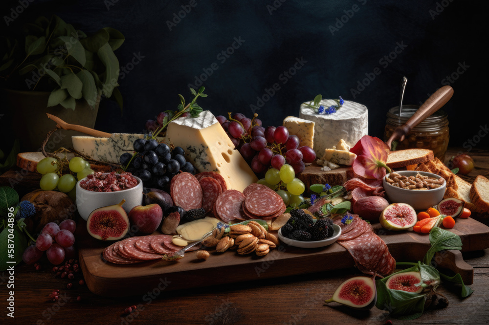 A rustic, artisanal charcuterie board overflowing with an assortment of gourmet cheeses, cured meats, fresh fruits, and artisan bread, set on a reclaimed wood surface