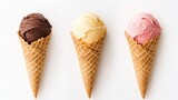 Chocolate, vanilla and strawberry Ice Cream on white background. Generative AI.