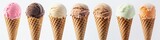 Set of various ice cream scoops in waffle cones. Generative AI.