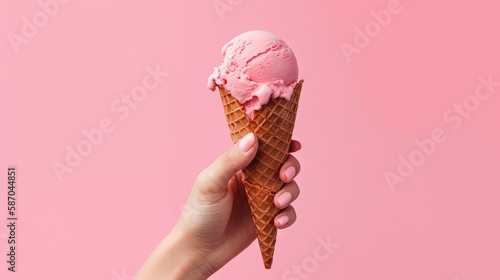 Hand holding strawberry ice cream cone on pink background. Generative AI.