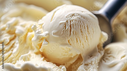 Vanilla ice cream scooped out of the container. Generative AI. photo