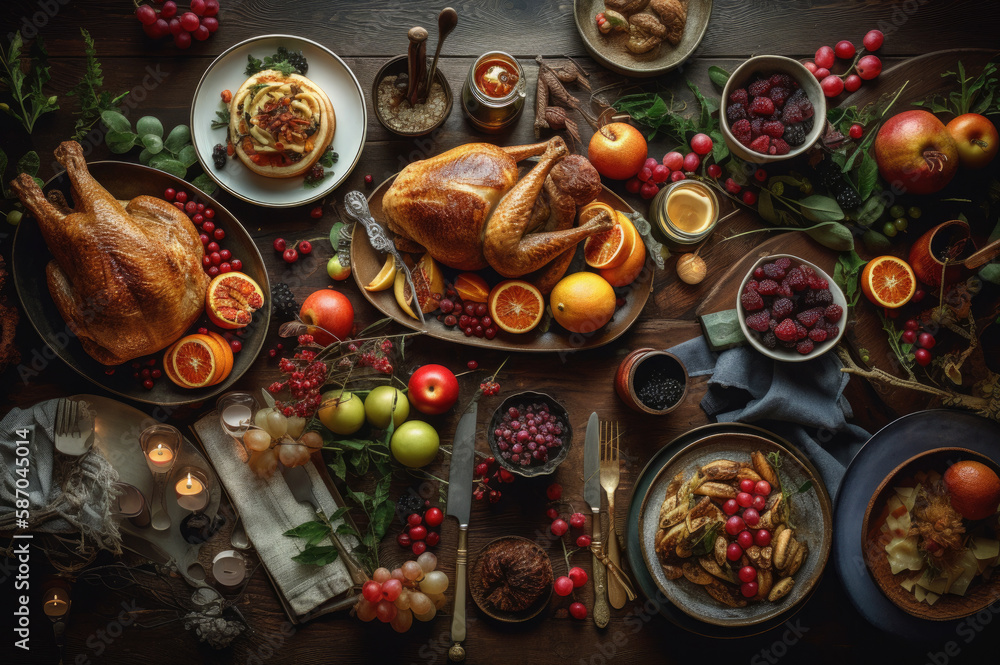 A festive, overhead shot of a holiday table laden with traditional dishes, seasonal decorations, and elegant place settings, evoking warmth and celebration.