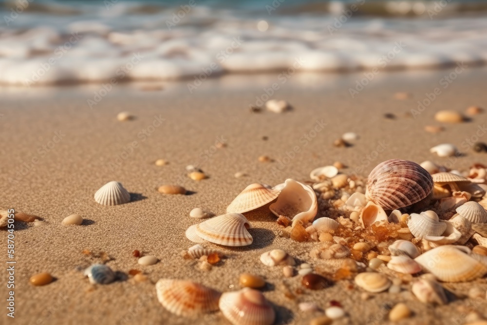 seashells scattered on a sandy beach with ocean waves in the background. Generative AI seashells scattered on a sandy beach with ocean waves in the background. Generative AI