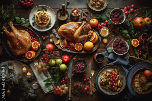 A festive, overhead shot of a holiday table laden with traditional dishes, seasonal decorations, and elegant place settings, evoking warmth and celebration.