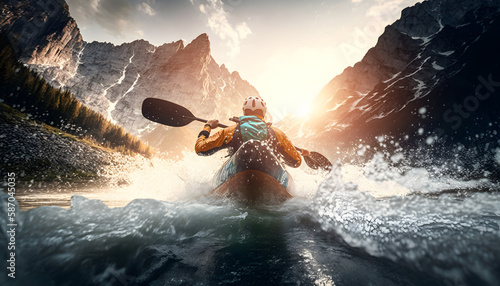 Rafting Extreme sport kayak sails mountain river with sun light, Whitewater kayaking. Generation AI