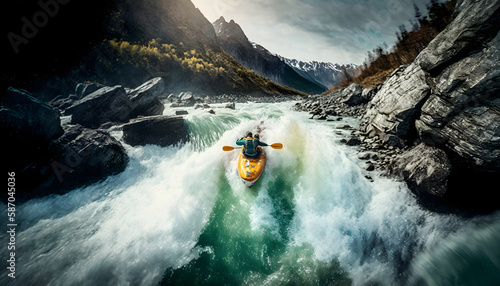 Aerial top view Extreme sport kayak sails mountain river with sun light. Rafting, whitewater kayaking. Generation AI