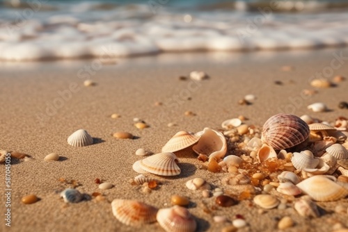 seashells scattered on a sandy beach with ocean waves in the background. Generative AI