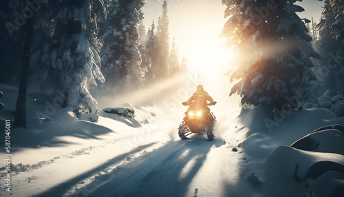 Extreme Freeride Snowmobile fresh powder snow in forest with sunlight. Winter adventure action photo. Generation AI