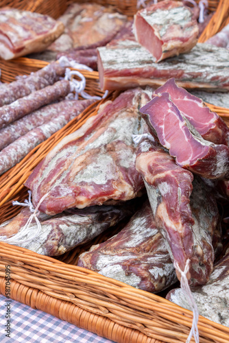 Close-up of Catalan hams, fuets and lacon or bacon. Catalan artisan products.