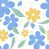 Yellow and blue floral pattern with flowers in bloom and leaves. Perfect for adding a touch of elegance to any design project.
