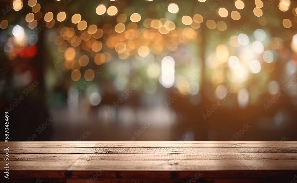 Abstract Blurred Cafe Background: Empty Wooden Table Top with Bokeh and Blank Space for Product on Restaurant Desk