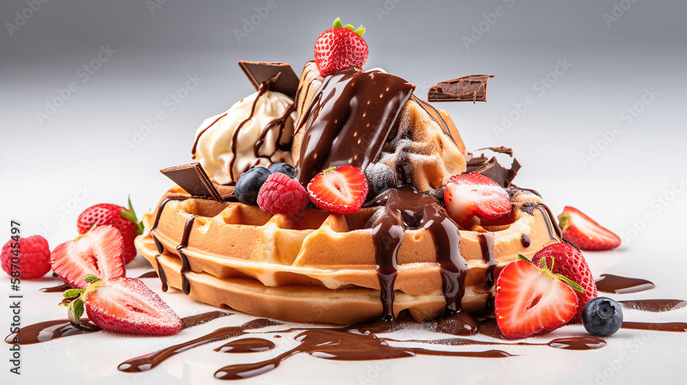 Belgium waffles with chocolate sauce, ice cream and strawberries isolated  on white background. Generative Ai Illustration Stock | Adobe Stock