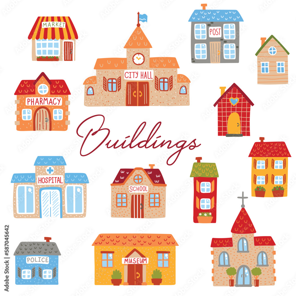 City buildings cartoon colorful childish vector icons set. Vector illustration