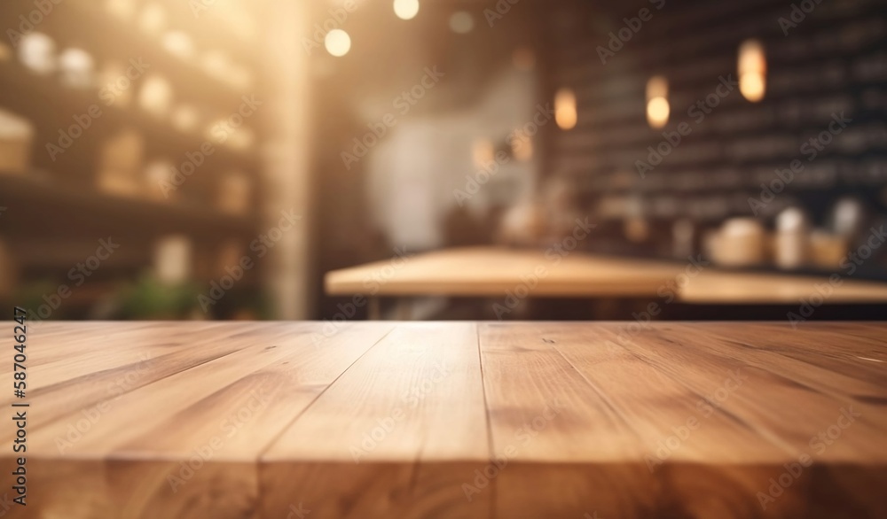 Abstract Blurred Cafe Background: Empty Wooden Table Top with Bokeh and Blank Space for Product on Restaurant Desk Abstract Blurred Cafe Background: Empty Wooden Table Top with Bokeh and Blank Space for Product on Restaurant Desk