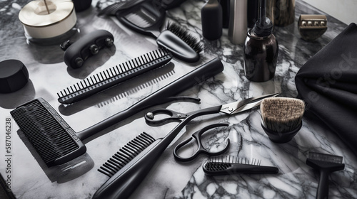 Collection of hairdresser tools on marble background with copy space. Generative Ai