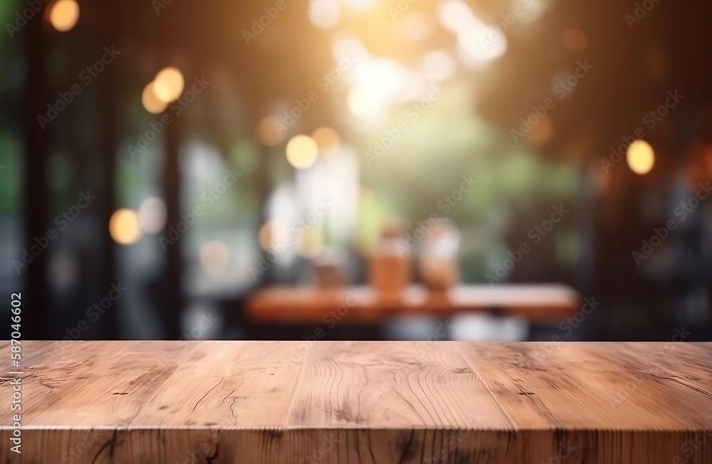 Abstract Blurred Cafe Background: Empty Wooden Table Top with Bokeh and Blank Space for Product on Restaurant Desk