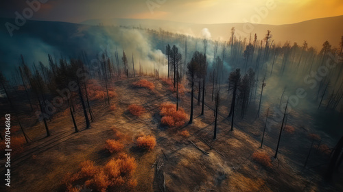 smoky burned forest in fire. drone view. generative ai