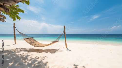Tropical sunset beach and sky background as exotic summer landscape with beach swing or hammock and white sand and calm sea beach. Generative Ai
