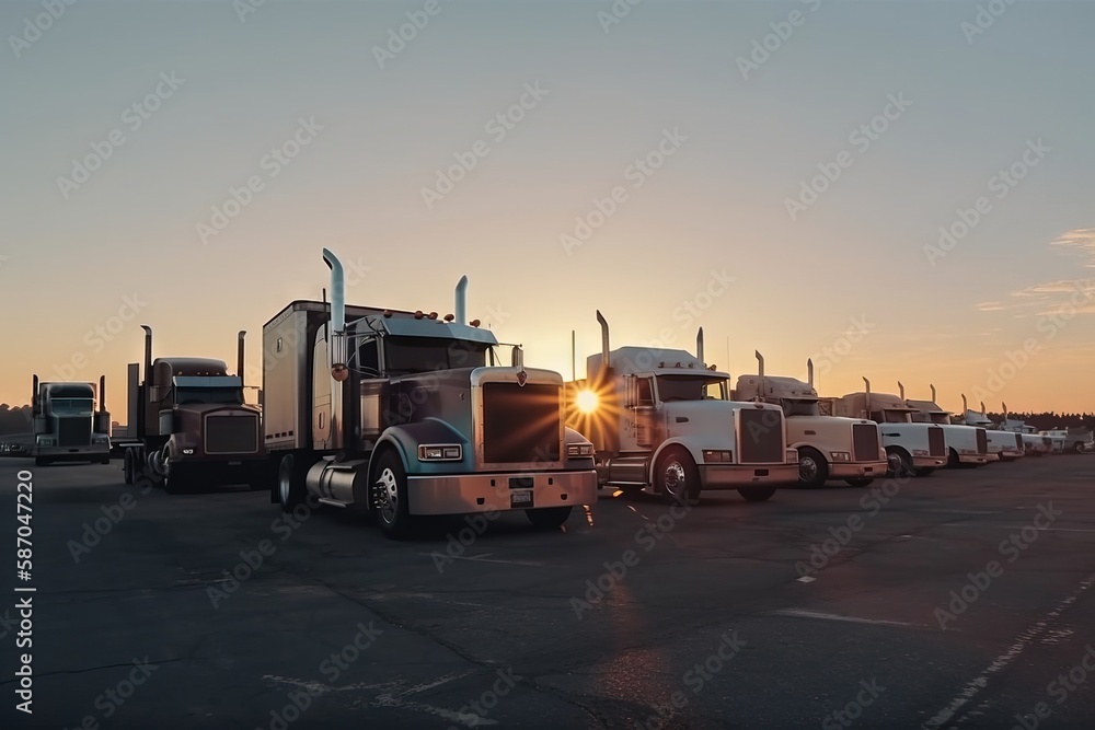  a row of semi trucks parked next to each other in a parking lot at sunset with the sun shining through the windows of the trucks.  generative ai