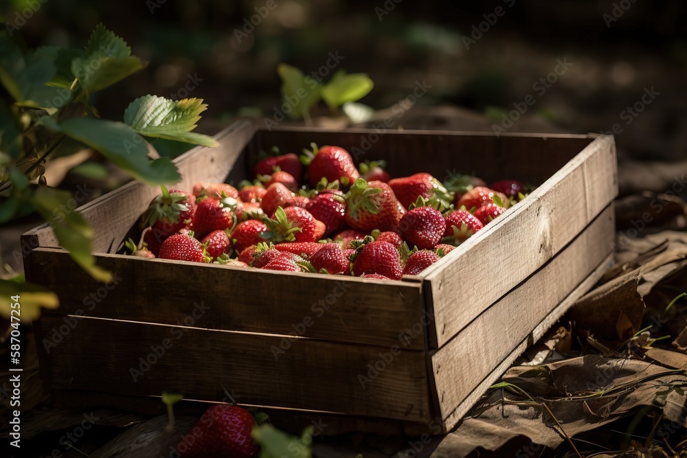 a wooden crate filled with lots of ripe strawberries on the ground next to leaves and a bushel of green leaves on the ground. generative ai a wooden crate filled with lots of ripe strawberries on the ground next to leaves and a bushel of green leaves on the ground. generative ai