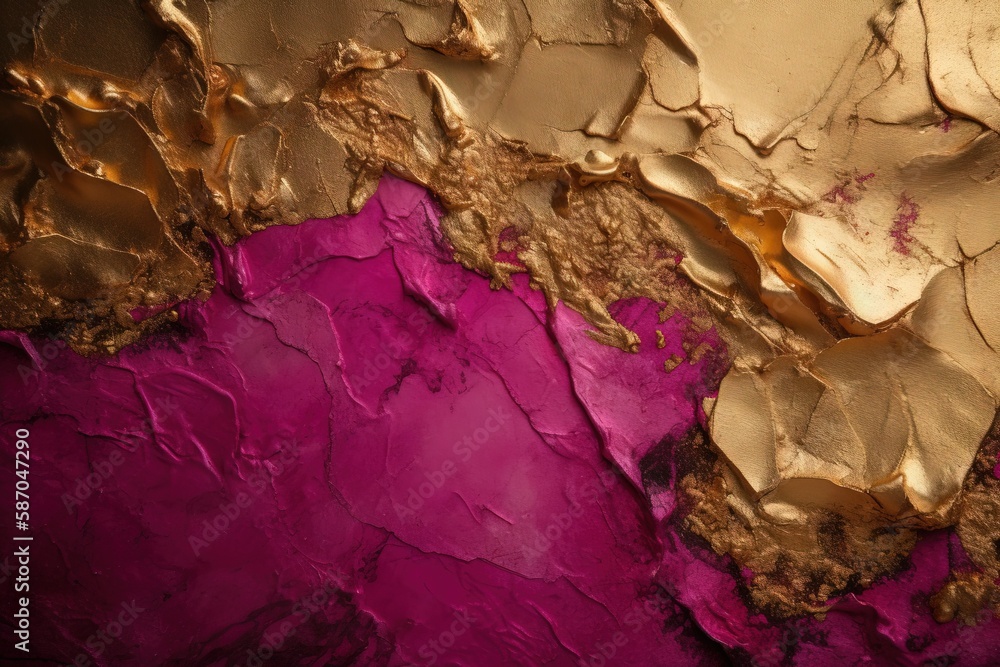  a close up of a painting with gold and purple paint on it's walls and a pink and gold paint on the bottom of the wall.  generative ai
