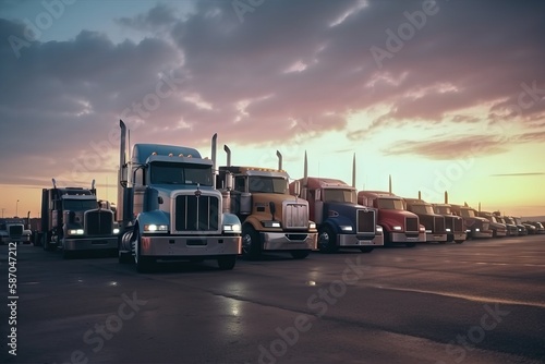  a row of semi trucks parked next to each other in a parking lot at sunset or dawn with clouds in the sky behind them and a few clouds in the distance. generative ai