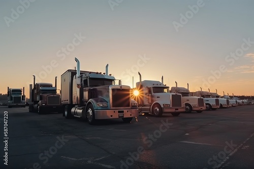  a row of semi trucks parked next to each other in a parking lot at sunset with the sun shining through the windows of the trucks. generative ai