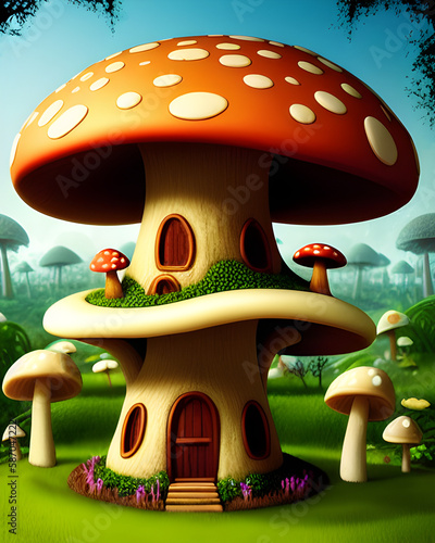 AI Digital Illustration Mystical Amanita Muscaria Mushroom Forest House 