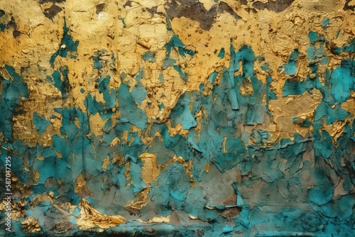  a close up of a rusted metal surface with blue and gold paint on it and a black object in the middle of the picture. generative ai