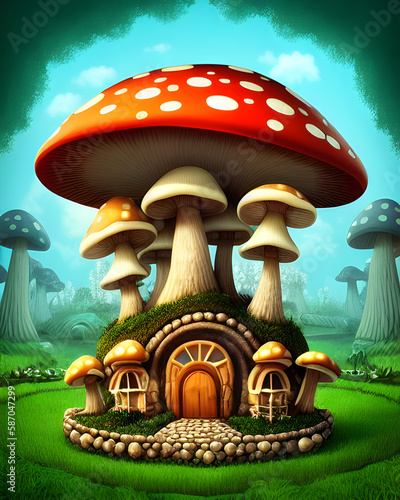 AI Digital Illustration Mystical Amanita Muscaria Mushroom Forest House 