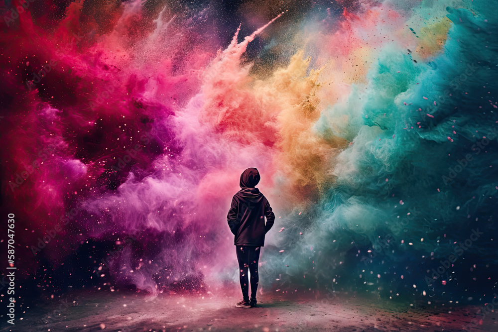 Person standing in front of a wall of powdered candy dust, blowing in this wind, swirling, vivid colors, pastel, sparkles, generative ai Person standing in front of a wall of powdered candy dust, blowing in this wind, swirling, vivid colors, pastel, sparkles, generative ai