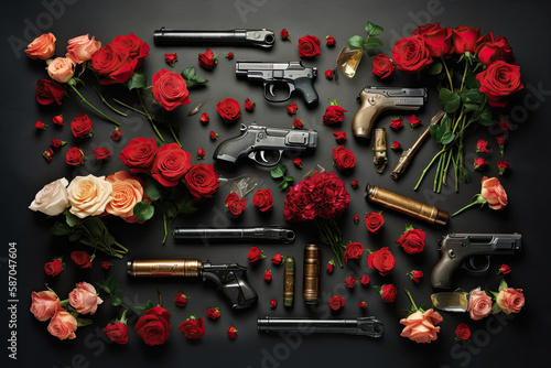 Knolling of guns and roses, bullets on a black surface, generative ai
