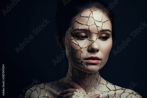beautiful young woman with white skin with broken skin, healed with kintsugi, dark background, generative ai