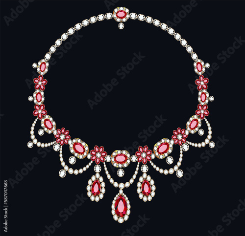 Illustration of women's gold jewelry necklace with rubies