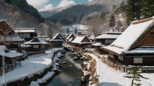 雪に覆われた日本の村の美しい景色