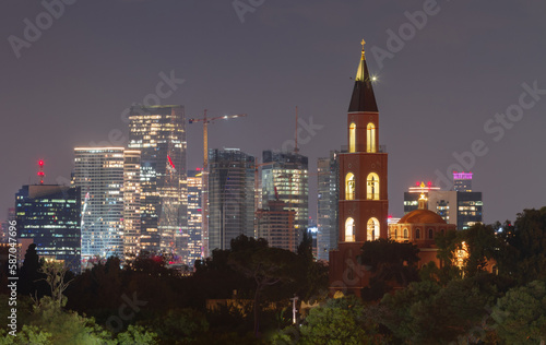 Tel Aviv at night: Russian Orthodox church and modern skyscrapers