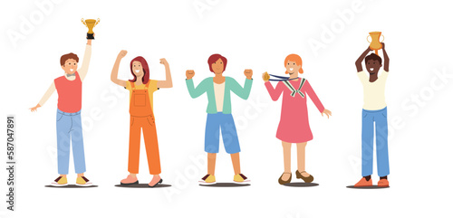 Set Cheerful Happy Children Celebrating Victory Success in Educational or Sports Competition. Cute Girls and Boys Holding Cup Trophy. Kids Characters Win in Contest. Cartoon People Vector Illustration © Amelia