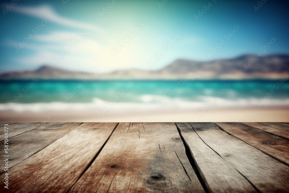 Empty wooden table with blue sea and sand beach background. Generative Ai Empty wooden table with blue sea and sand beach background. Generative Ai