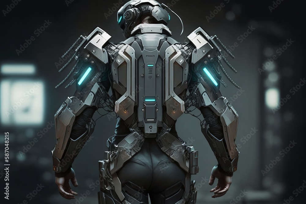 A man wearing robot Exosuit standing in the middle of a room in style of cyberpunk art. Generative Ai A man wearing robot Exosuit standing in the middle of a room in style of cyberpunk art. Generative Ai