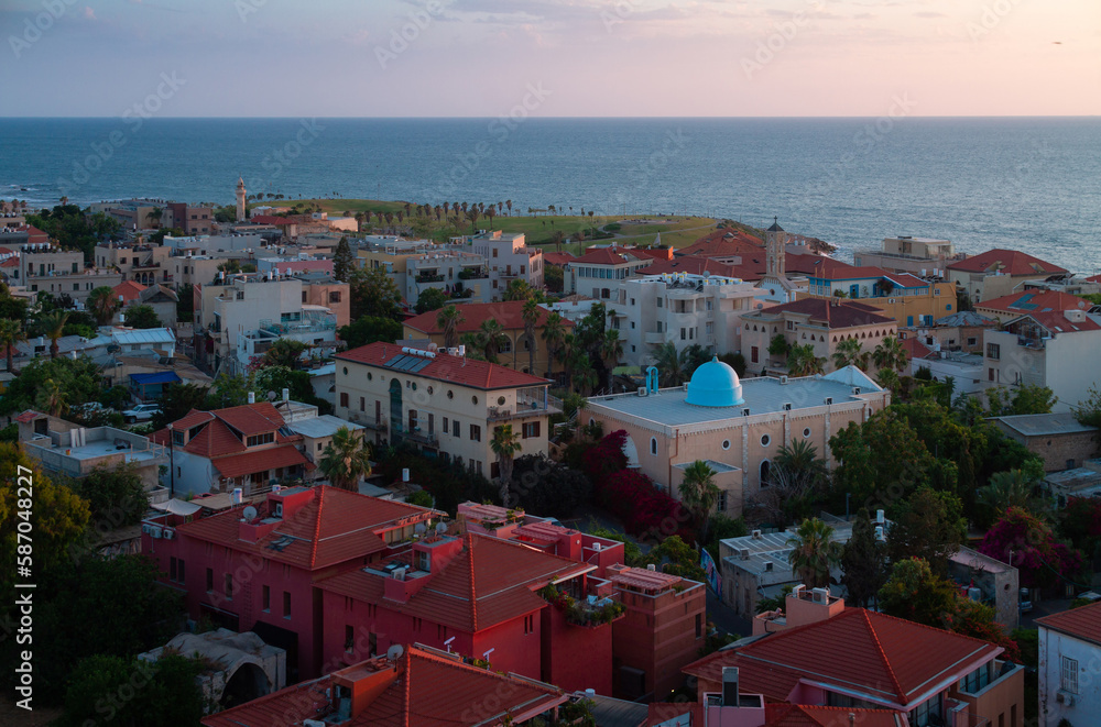 Jaffa city view: historical buildings and sea