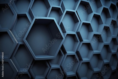 Hexagonal dark blue navy background texture placeholder, radial center space, 3d illustration, 3d rendering backdrop. Generative Ai