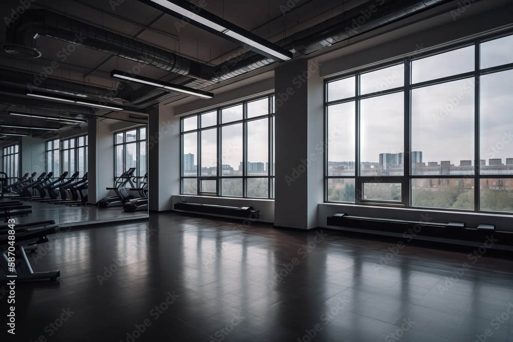 a gym with a view of the city outside the window and a row of treadmills in the foreground of the photo, and a row of exercise machines in the foreground. generative ai a gym with a view of the city outside the window and a row of treadmills in the foreground of the photo, and a row of exercise machines in the foreground. generative ai